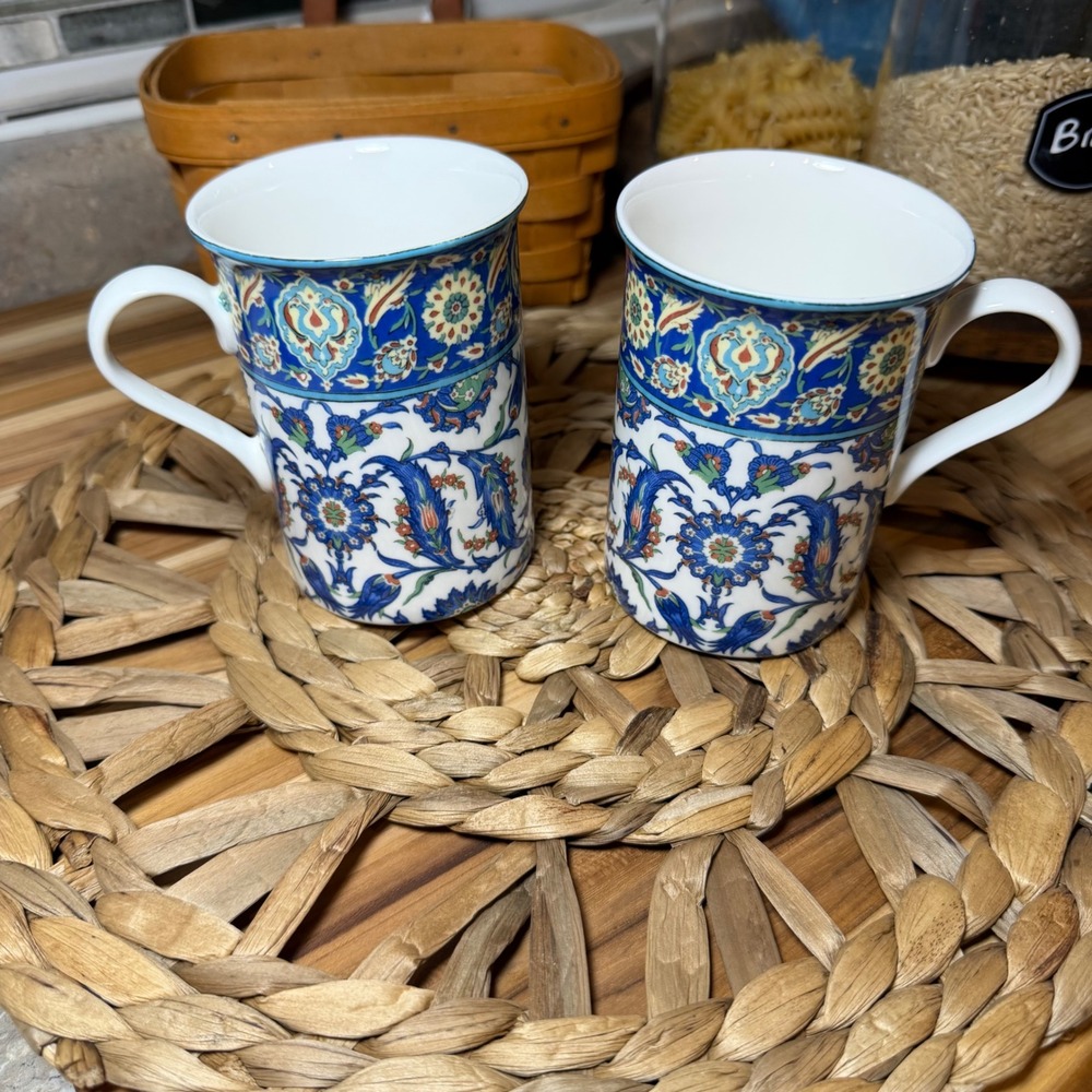 Stechcol Gracie Bone China Mugs Set of 2 Blue Floral Turkish Iznik Coffee Cups